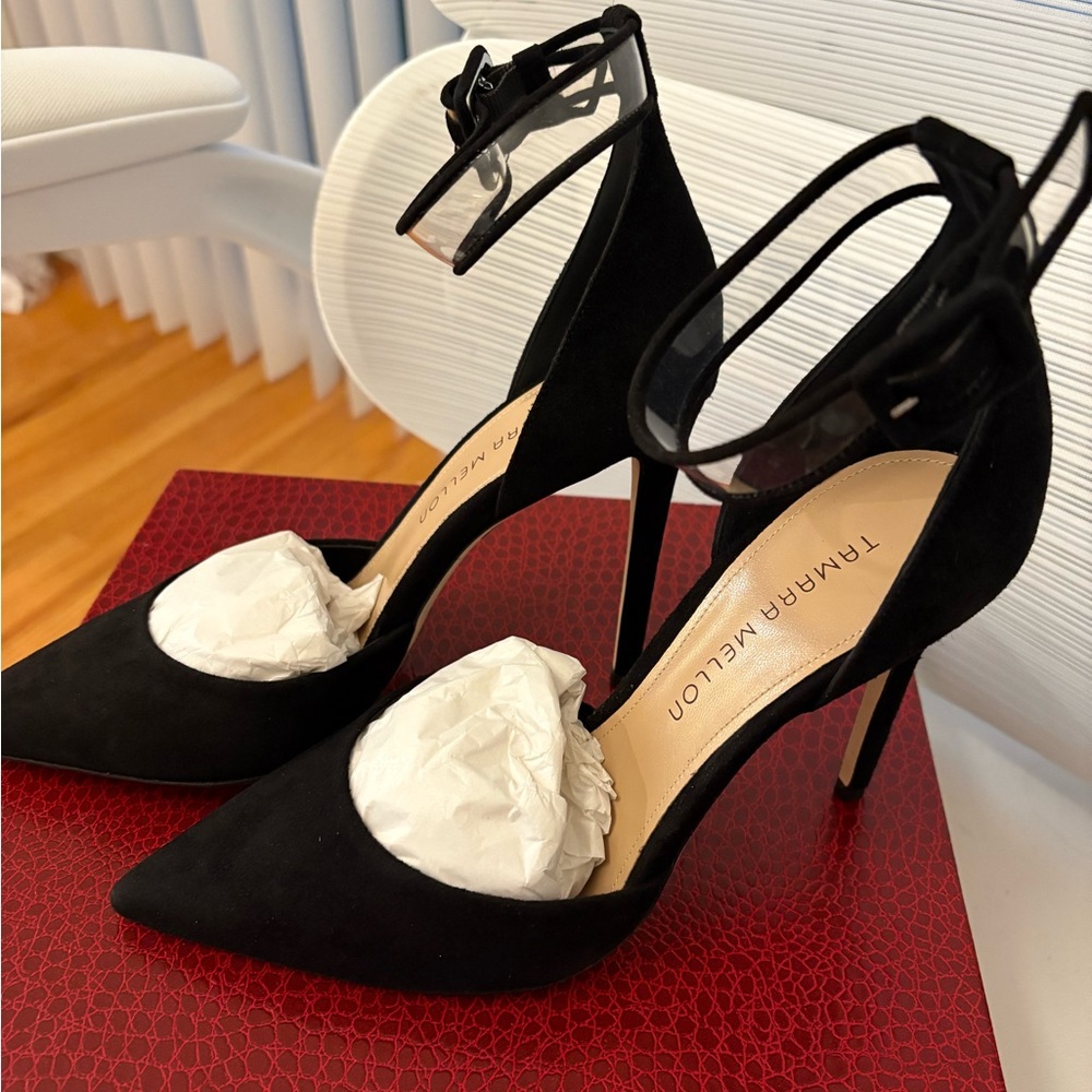 Tamara Mellon Black Suede Ankle Strap Heels